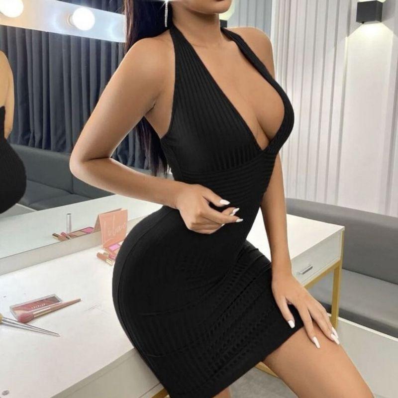 

Vneck Sleeveless Vest Pure Color Dress Black L