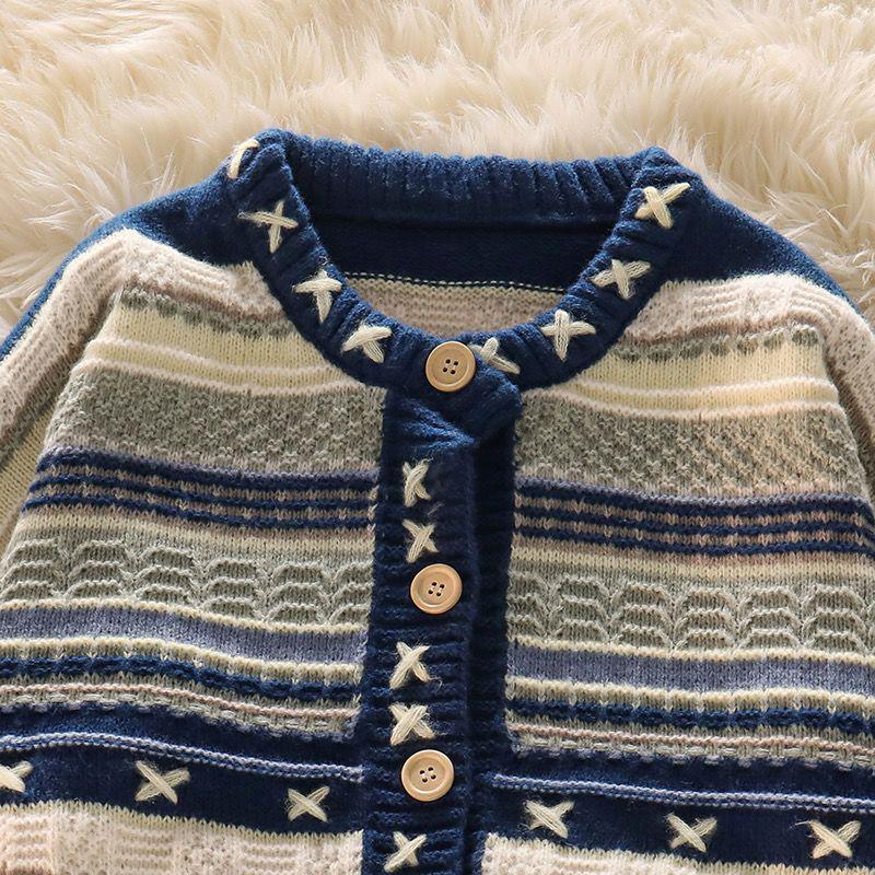 Chic Women's Vintage Color Block Knit Cardigan & High Waist Jeans Set for Autumn/Winter