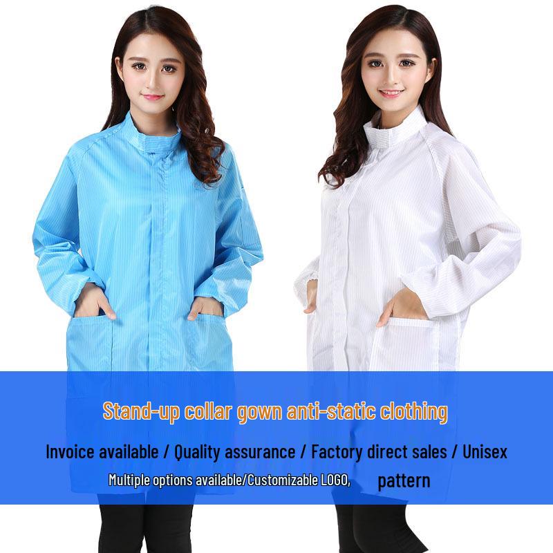 Anti-static Striped Blue & White Long Sleeve Cleanroom Gown with Stand-up Collar and Zipper