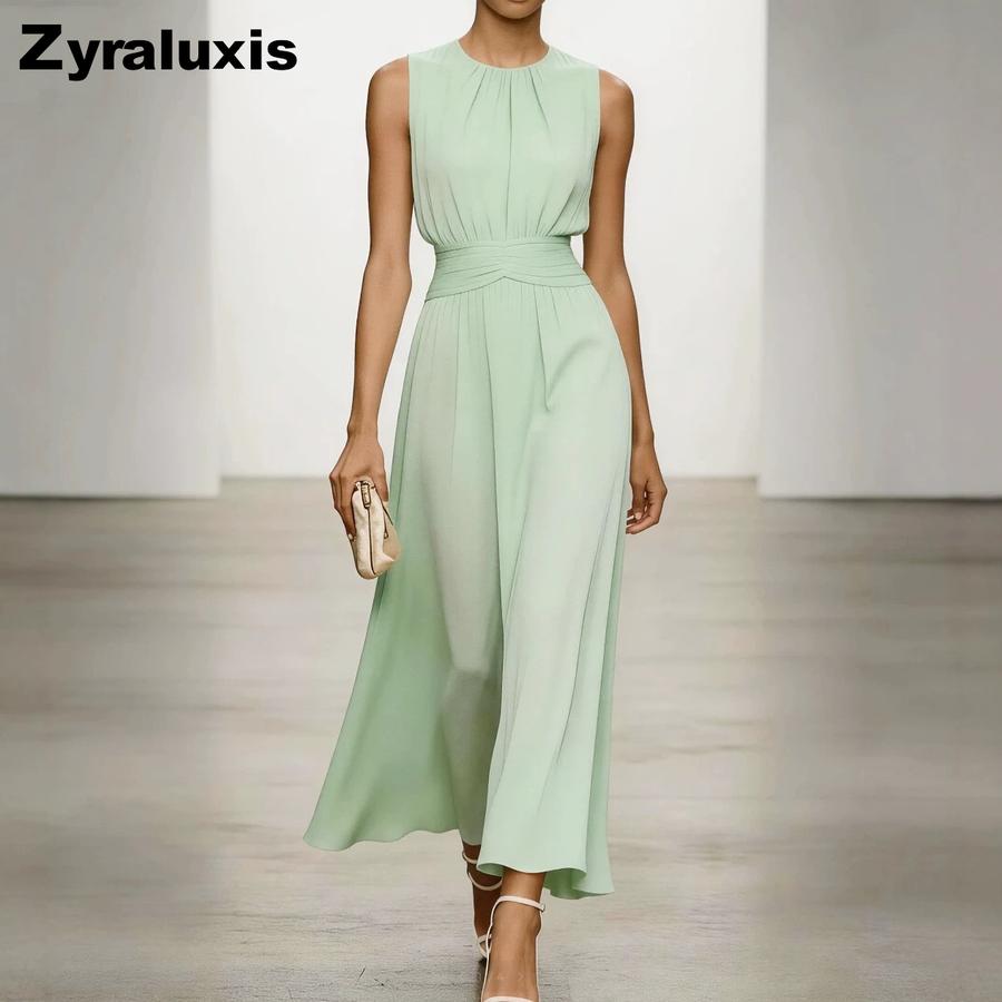 New Women's Sleeveless Round Neck Ruched Dress Elegant Simple Spring Summer Style