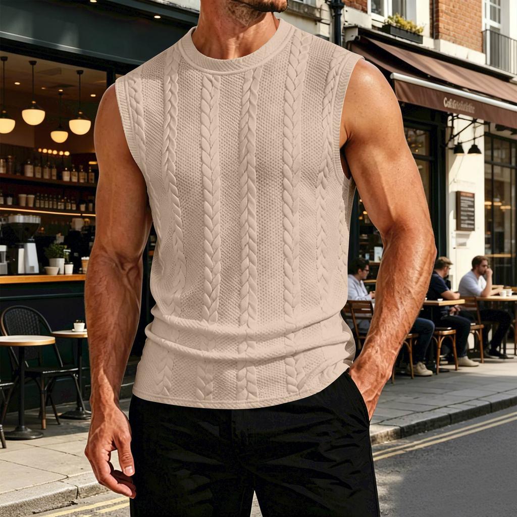 Men Sleeveless Vest Cable Knit Pattern Round Neck Pullover Sweater Lightweight Summer Spring Casual Knitwear