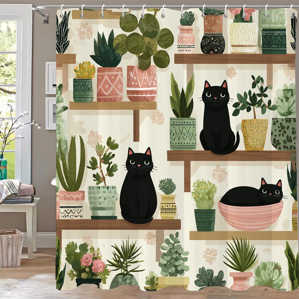 Modern Plant and Cartoon Cute Cat Shower Curtain, Bathroom Decorative Shower Curtain, Printed Polyester Home Curtain with Hooks