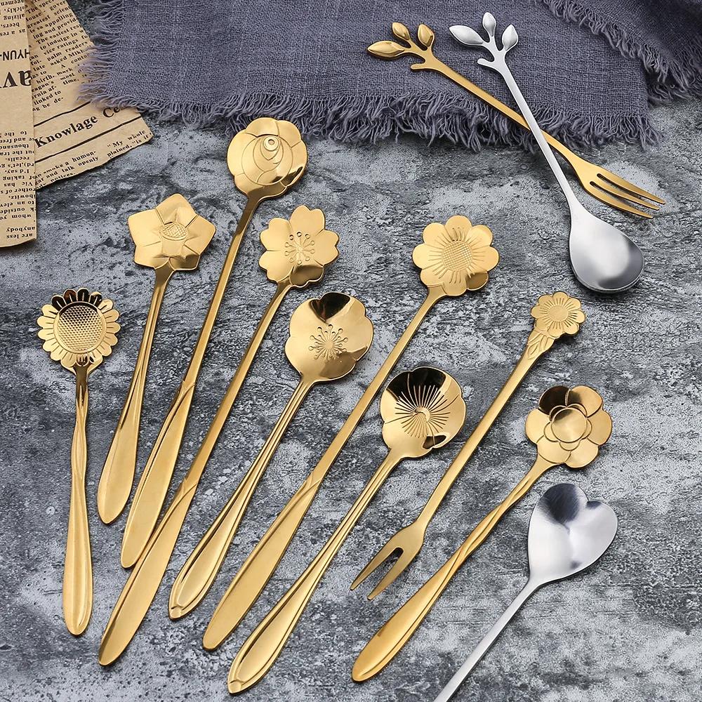 2Pcs/set Creative Stainless Steel Flowers Shape Dessert Spoons Kids Sugar Spoons Set Kitchen Accessories Wedding Gift Box Set