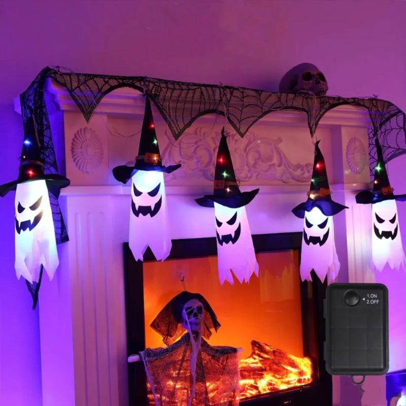 

Halloween Decorations Outdoor 5 Consecutive Hanging Halloween Lighted Glowing Ghost Witch Hat with LED String Lights for Party Garden Wizard Hat