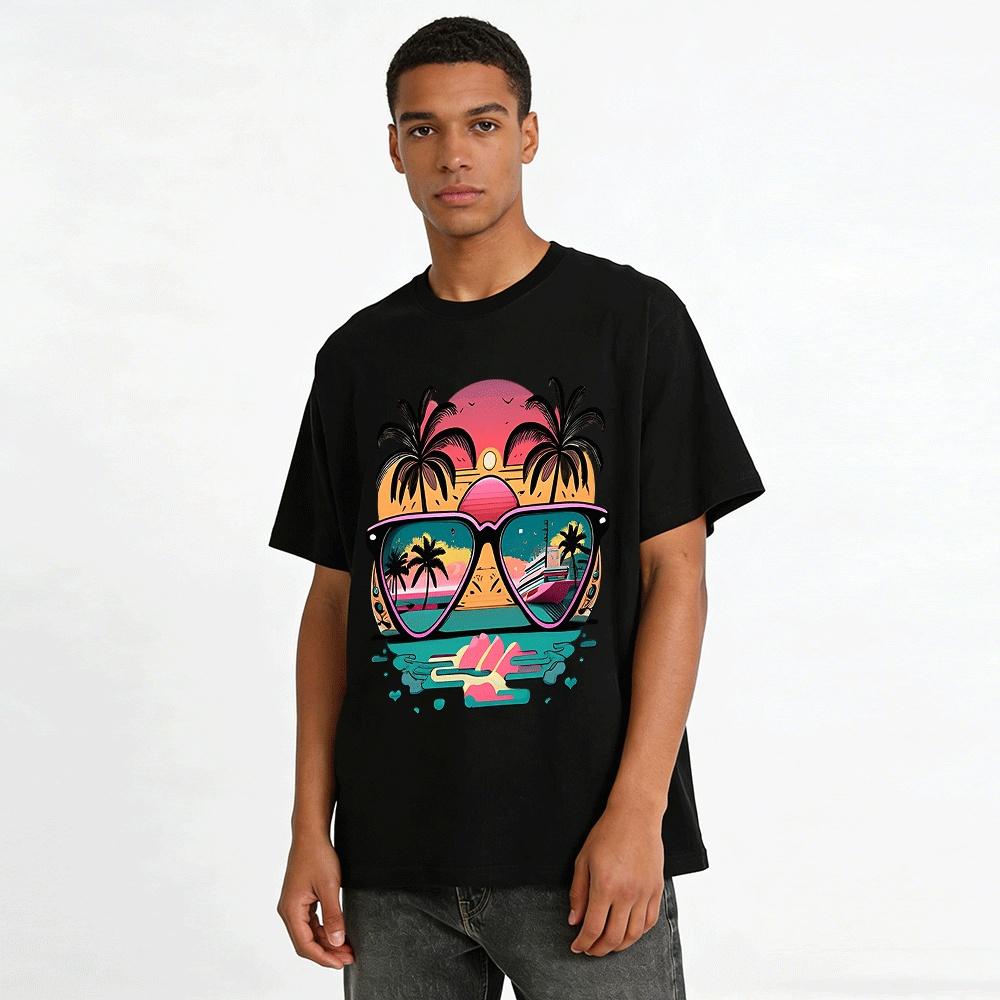 Vintage Sunset Sunglasses Coconut Tree Print Casual Tee Pure cotton T-shirt