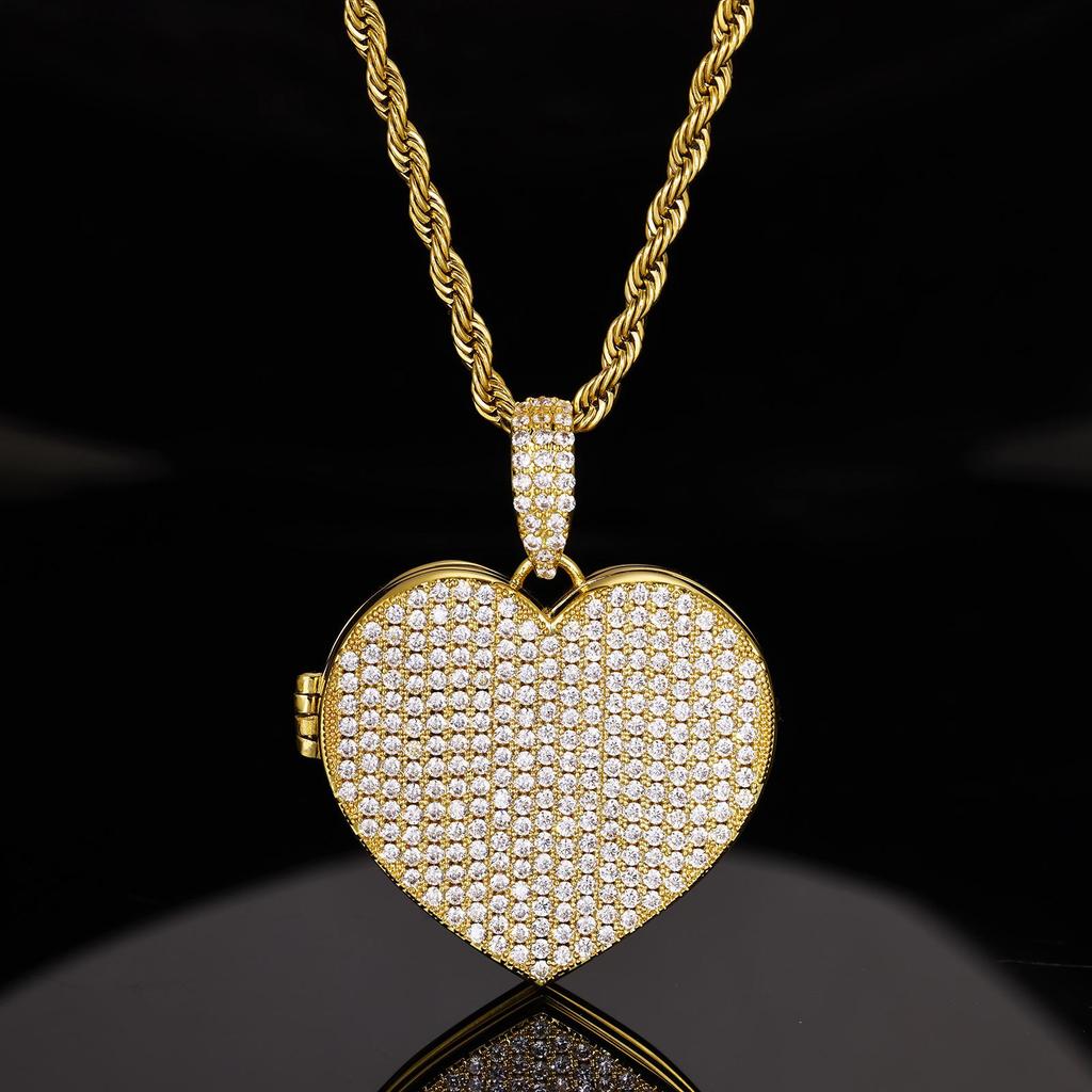 Trendy Heart-Shaped Zircon Photo Pendant Necklace - European & American Hip Hop Style