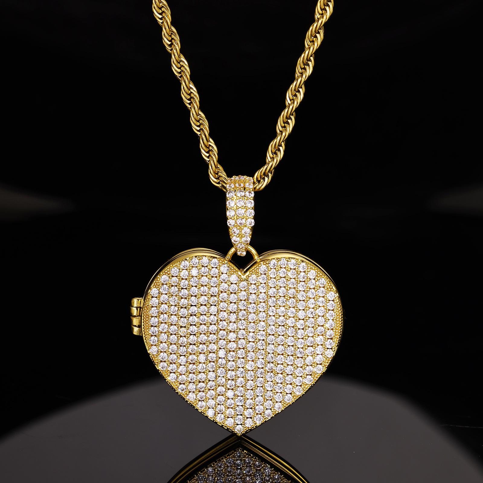 Trendy Heart-Shaped Zircon Photo Pendant Necklace - European & American Hip Hop Style