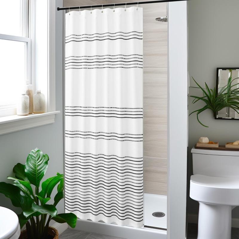 Marineblaue und weiße Duschvorhang für Badezimmer Modernes Bauernhaus Gestreift Wasserdichtes Stoff-Duschvorhang-Set mit 12 Haken