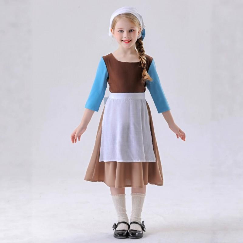 Girls Cinderella Cosplay Dress Medieval Maid Outfit Stage Performance Halloween Party