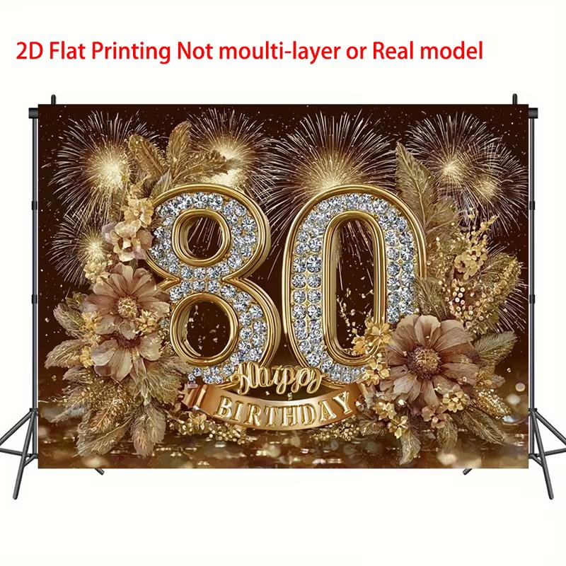 2D Happy 80th Birthday Gold Floral Fireworks Background Cloth 80th Birthday Party Decoration