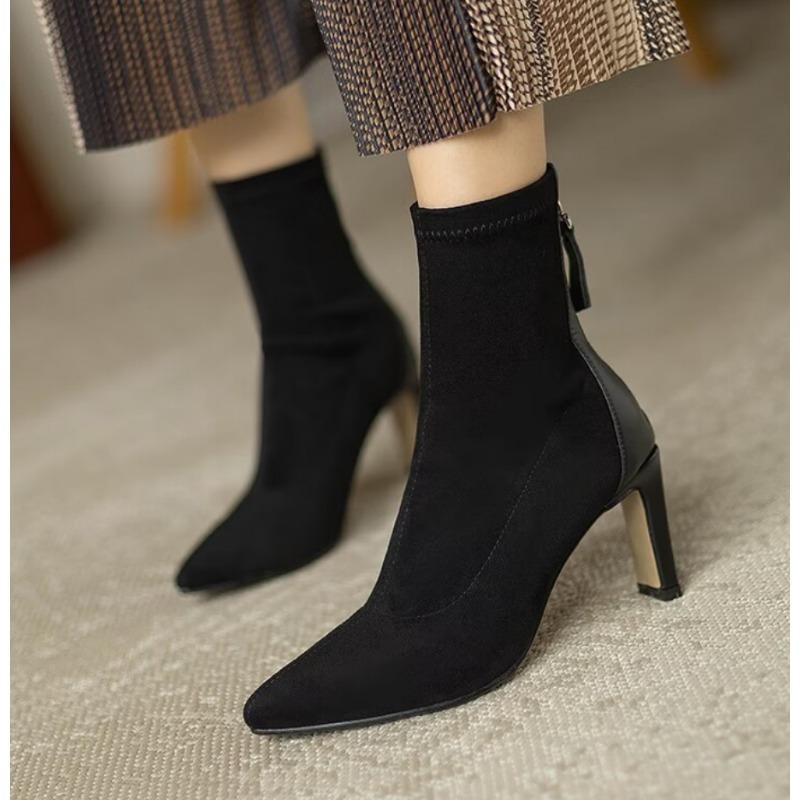 Fashion High Heel Suede Boots Women's Korean Style Autumn and Winter Mid Heel Stretch Thin Boots Pointed Toe Back Zip Sock Boots Women