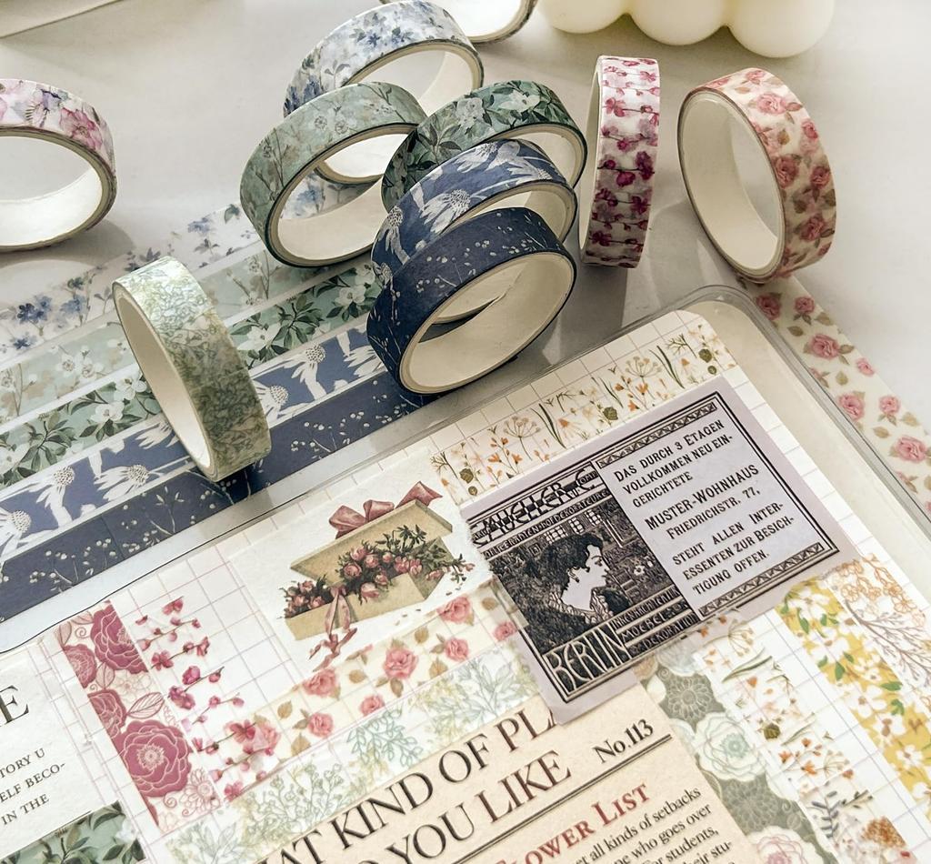 YUBX Masking Blooming Floral Washi Cute Thin Strips for DIY Gift and Gift Decorations of Tape, 30-Piece Set, Tape, Crafts, Journals, Planners,