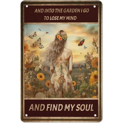 Girl In Garden Tin Painting for Dorm Home Hallway Room Decor