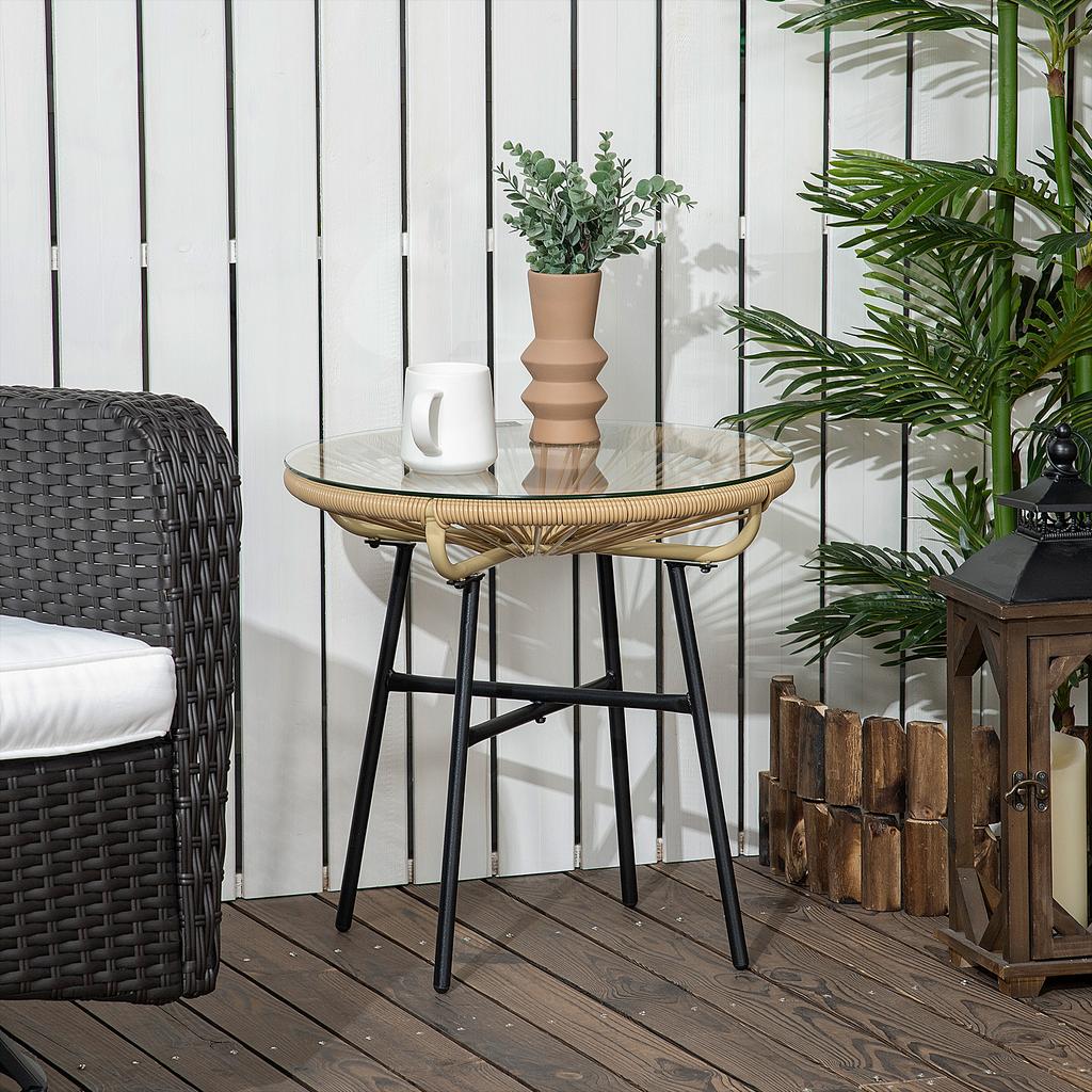 Boho-style Garden Table. PE Rattan. Tempered Glass. Weatherproof. 50cm X 50cm X 50cm. Beige