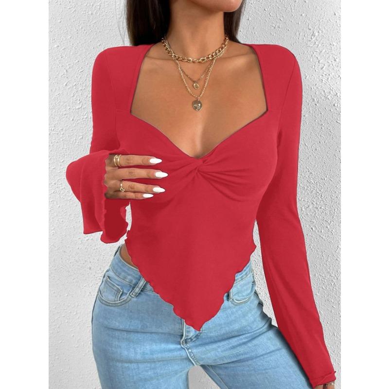 Damen T-Shirt Urlaub V-Ausschnitt Trompetenärmel Taille Unregelmäßig Gestrickt Langarm T-Shirt Top