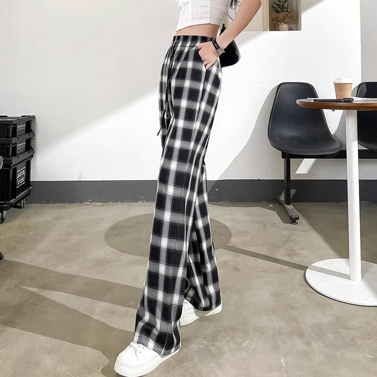 Plus Size 3XL 4XL Sweatpants Jogger Women Wide Leg Pants Retro High Waist Checkerboard Grid Elastic Woman Pant Black Loose Long Trouser