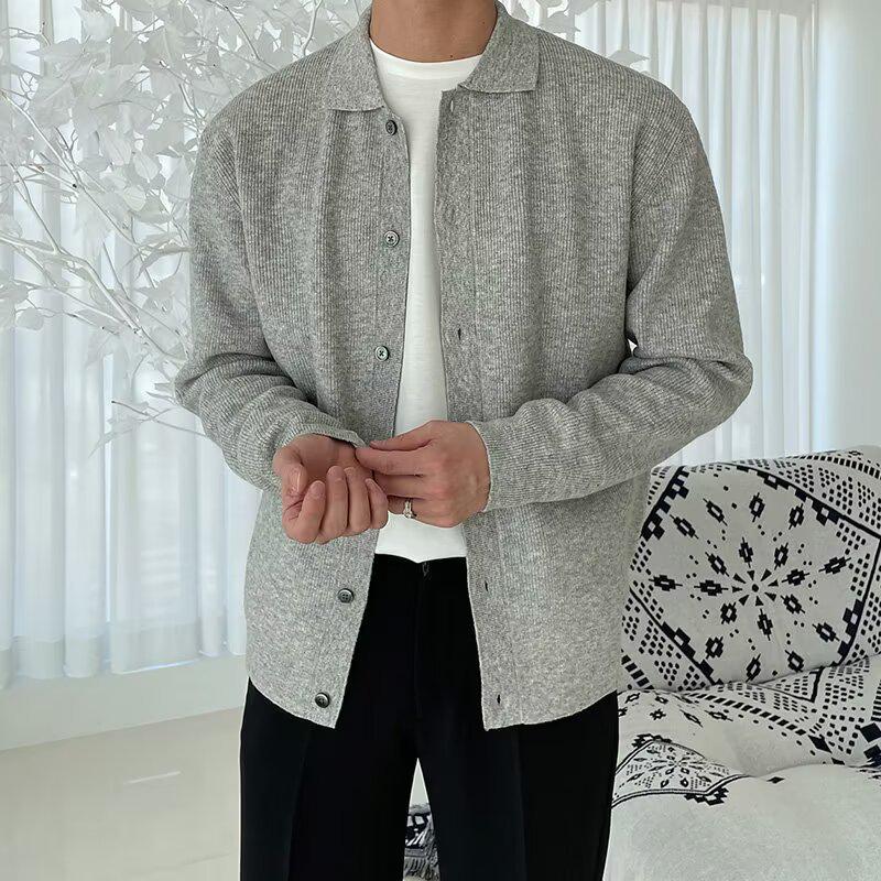 Men's Korean Style Bright Red Knit Cardigan - Autumn/Winter, Year of the Rabbit Edition, with Lapel and Solid Color Design.