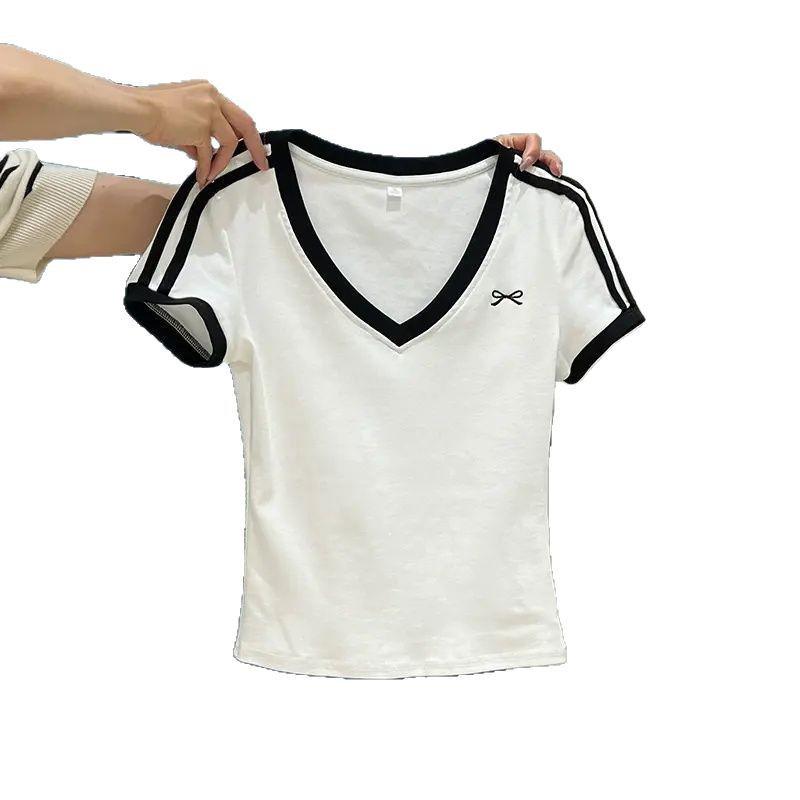 Dámský pikantní dívčí zeštíhlující letní top s krátkým rukávem, kontrastní barvou a V-výstřihem, patchwork