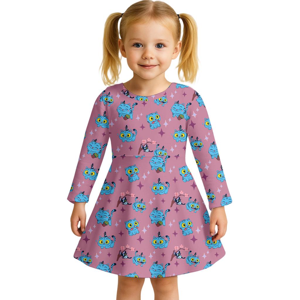 Dziewczęca Sukienka Codzienna Casualowa Uroczy Kreskówkowy Nadruk Długi Rękaw Strój do Tańca Sukienka Księżniczki 2-12 Lat