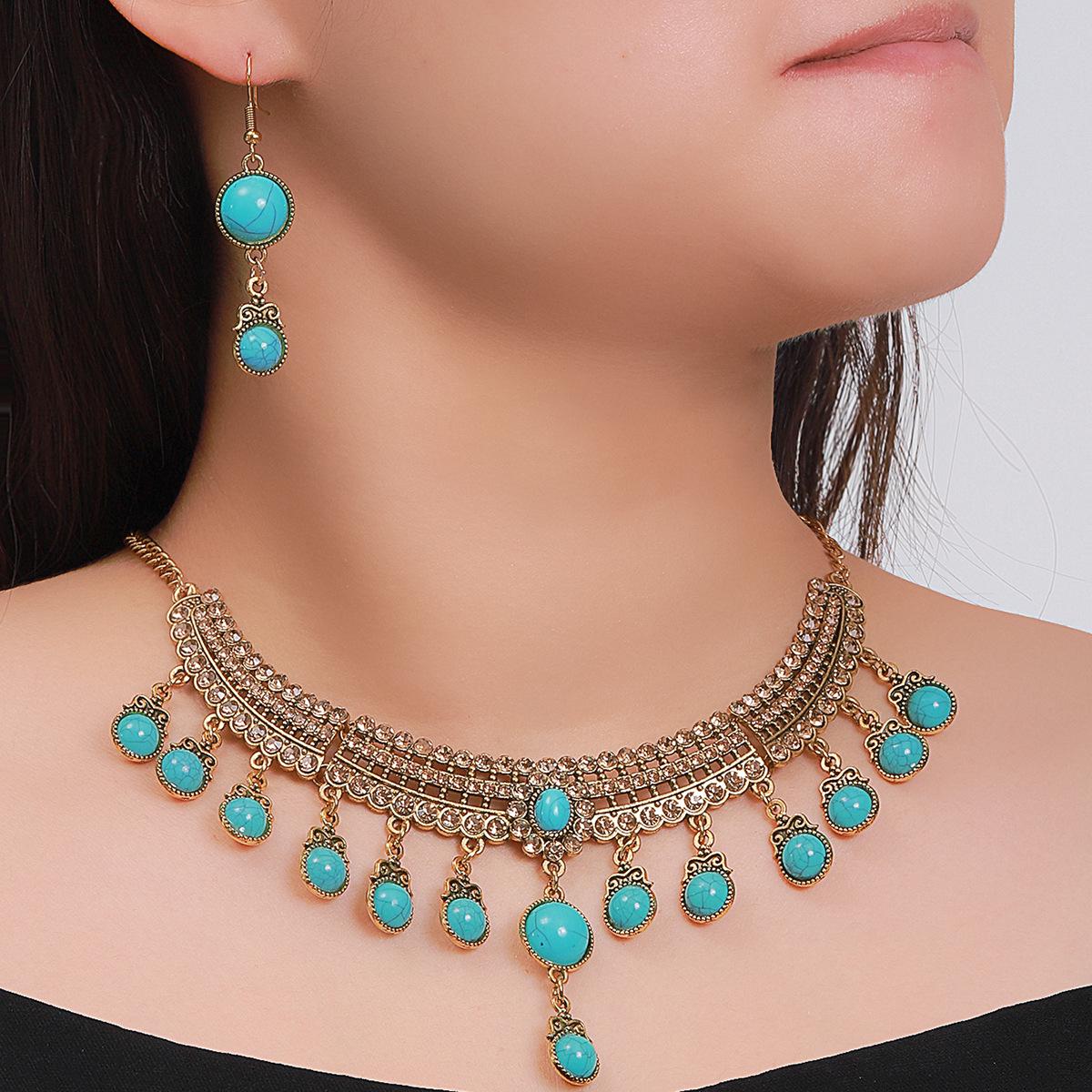 Turquoise Tassel Necklace  Earrings Retro Pearl Set