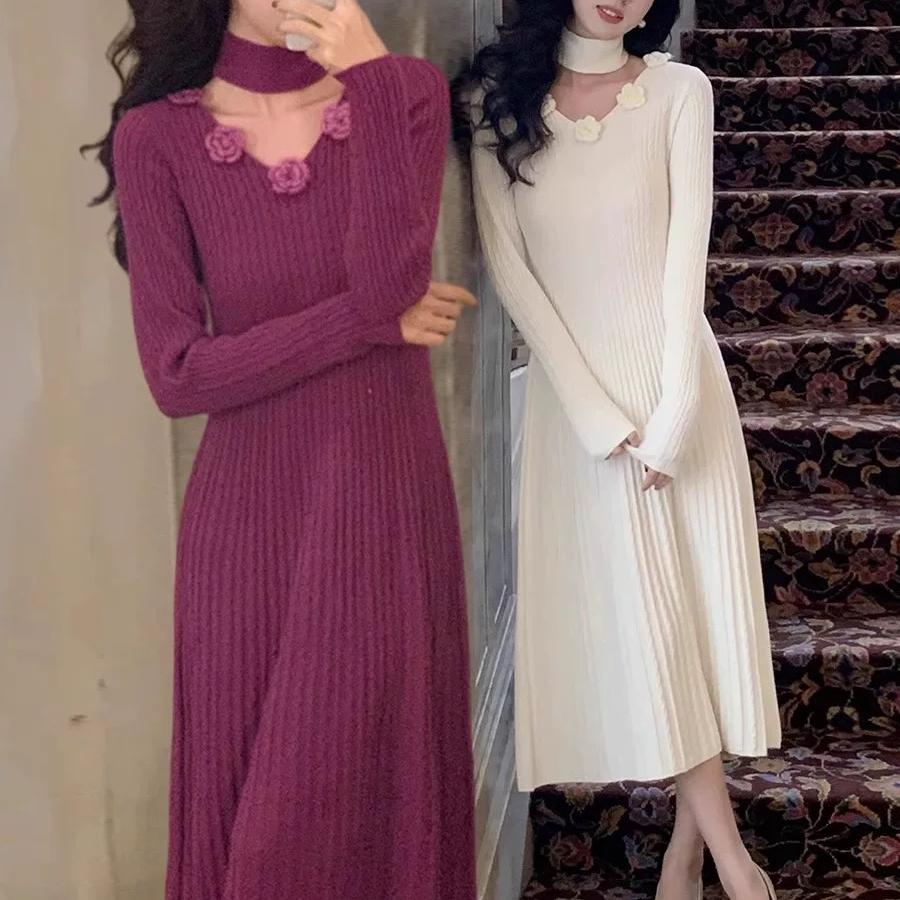 Нежный французский дизайн цветочный шарф вязаное платье для женщин осень и зима новый — фото 3