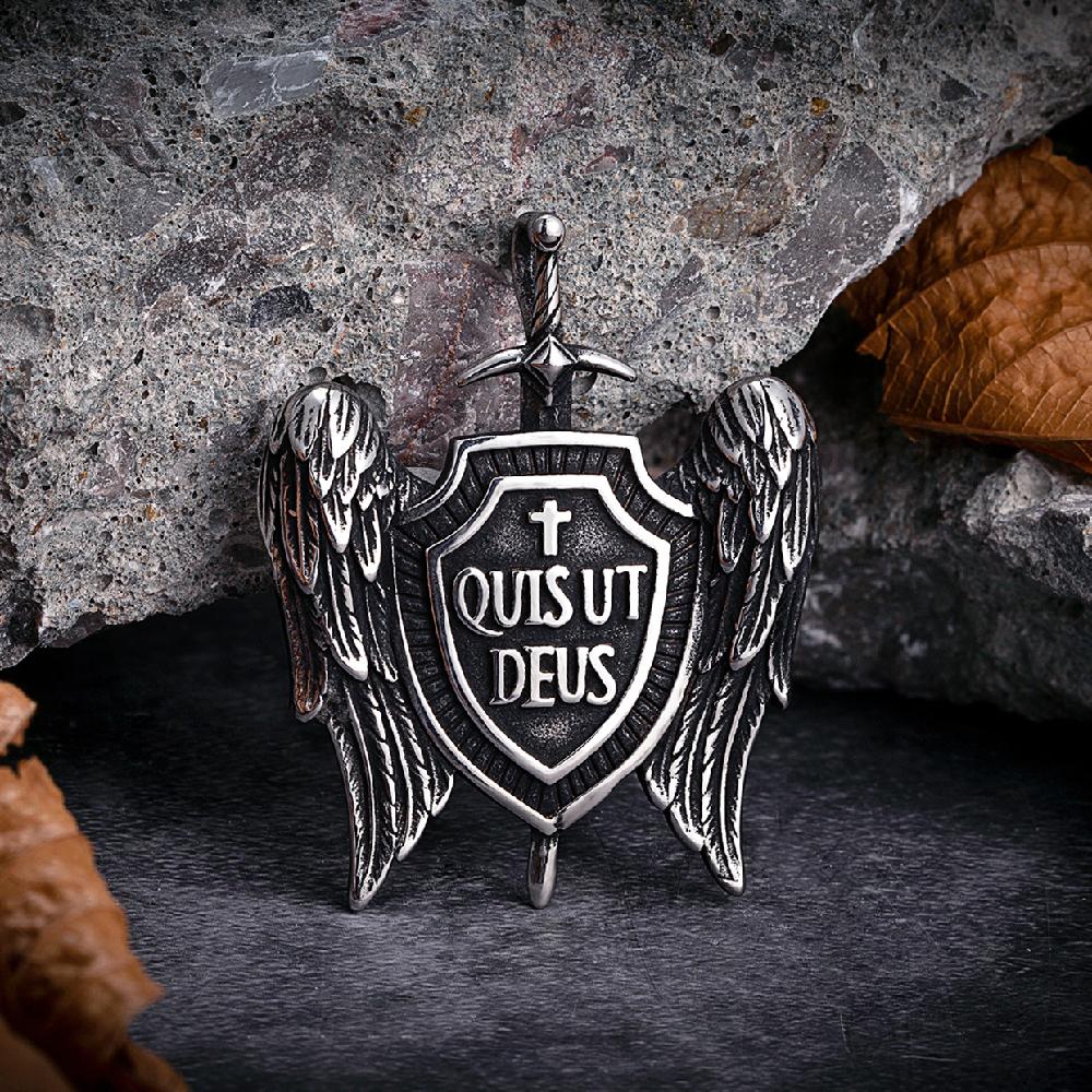 Retro Mens Angel Wings Sword Shield Necklaces Norse Mythology Archangel St Michael Pendant Stainless Steel Cross Amulet Jewelry