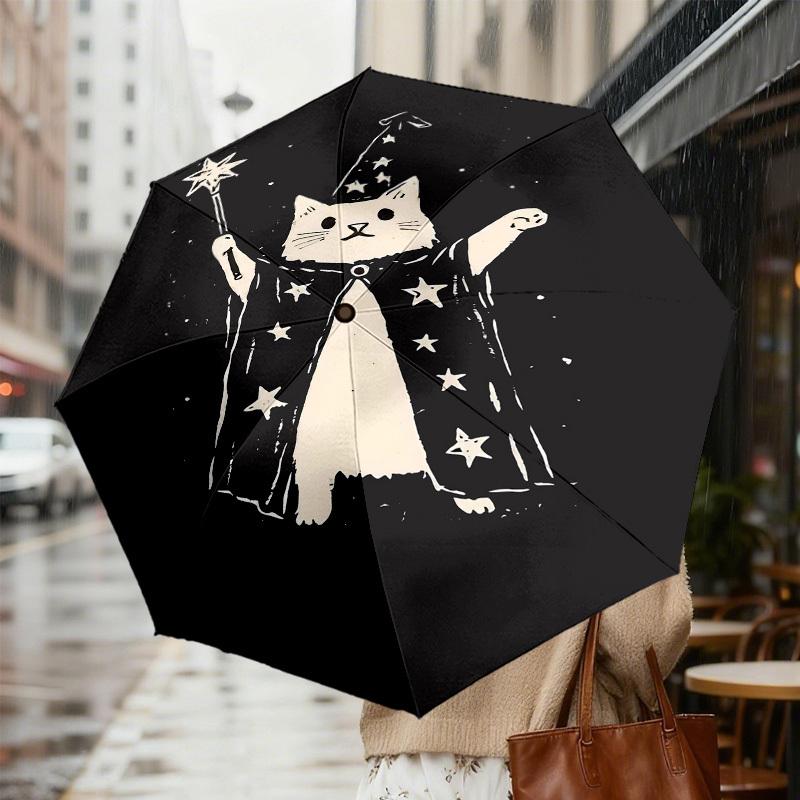 Magic Cat Wizard Umbrella, holding a magic wand. Perfect for outdoor adventures, this automatic opening/closing umbrella