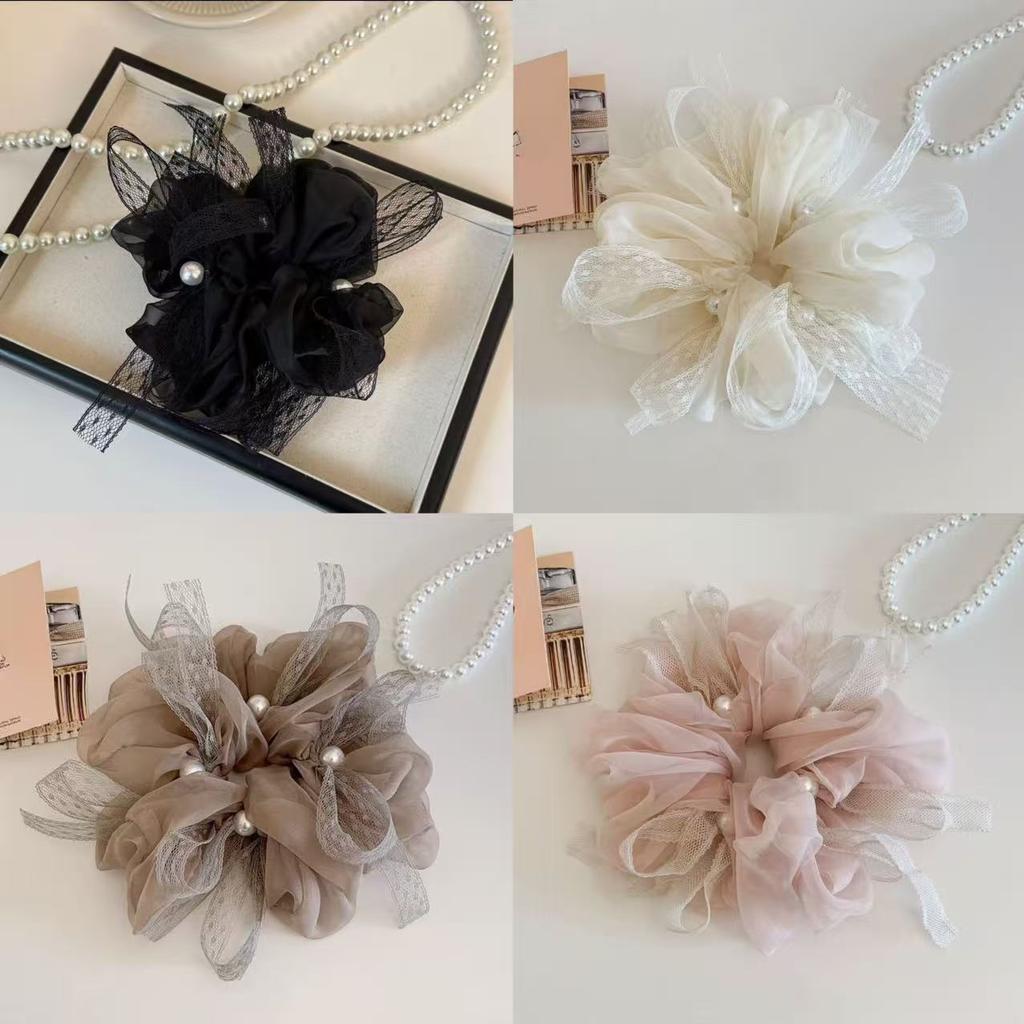 Korean Style Pink Chiffon Lace Pearl Scrunchie Oversized Gentle Hair Tie for Women