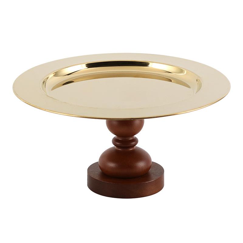 Vintage Metal Solid Wood Base Fruit Bowl Round Gold Storage Tray High Dried Fruit Dessert Plate Home Countertop Decorative Plate