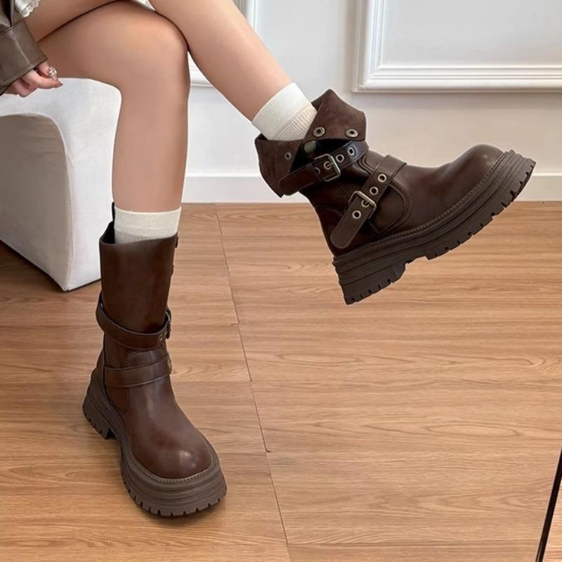 Fashion Women's Boots Fashion Retro Comfort Belt Fastener Lapel Women's Ankle Boots Chunky Platform PU Leather Knight Boots Botas Mujer