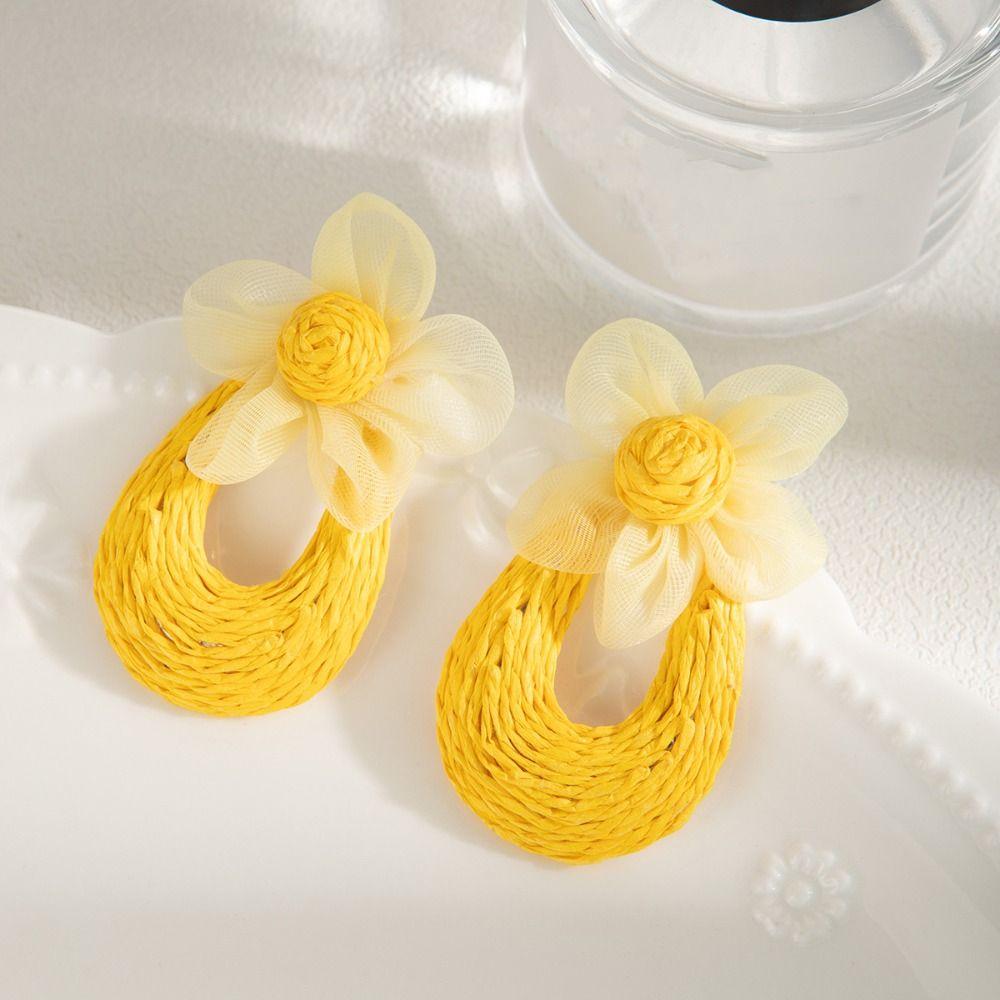 U-shaped Mesh Flower Earrings Hook Piercing Beach Drop Earrings Straw Weave Earrings  Party