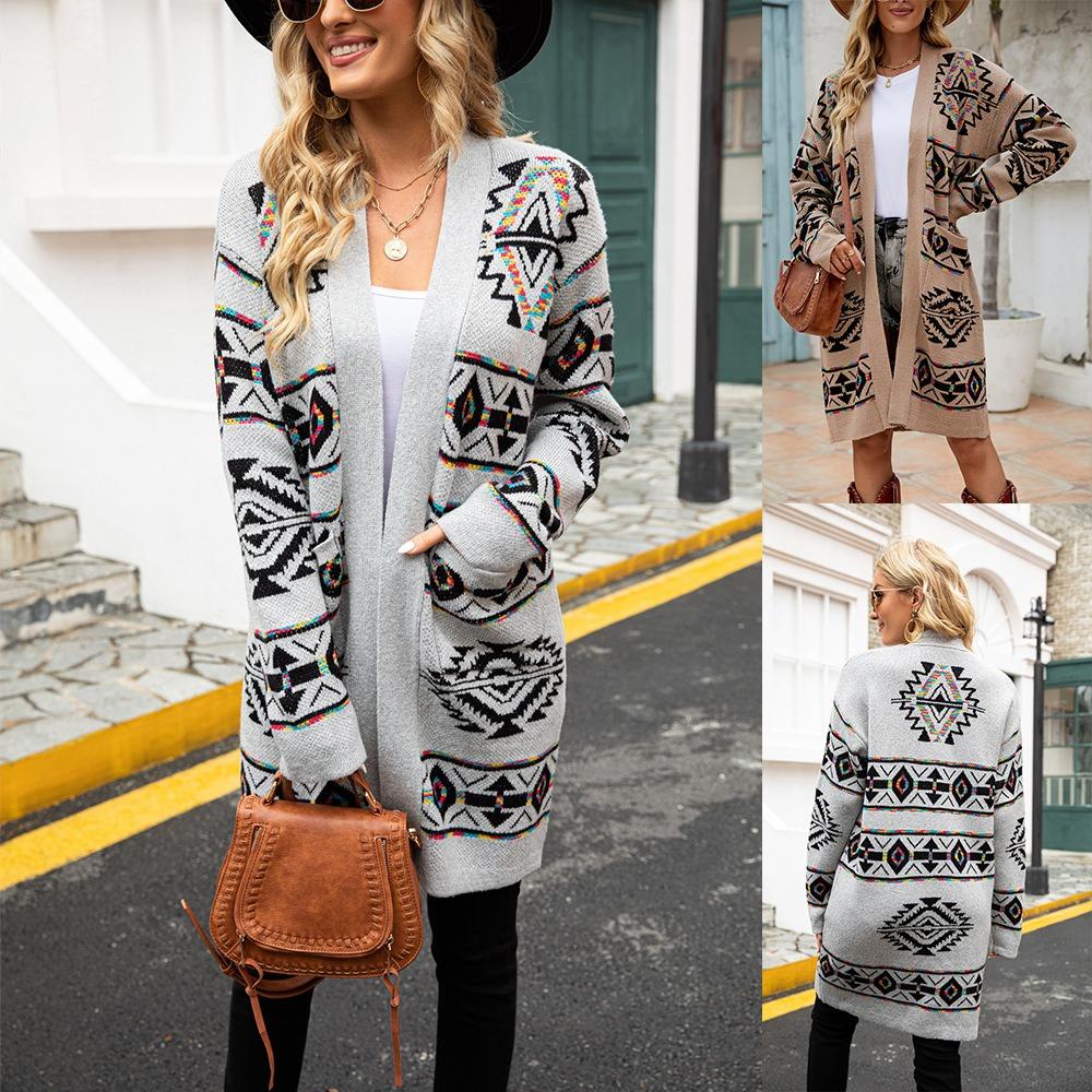 Autumn and Winter Slimming Rhombus Large Size Sweater Long Coat