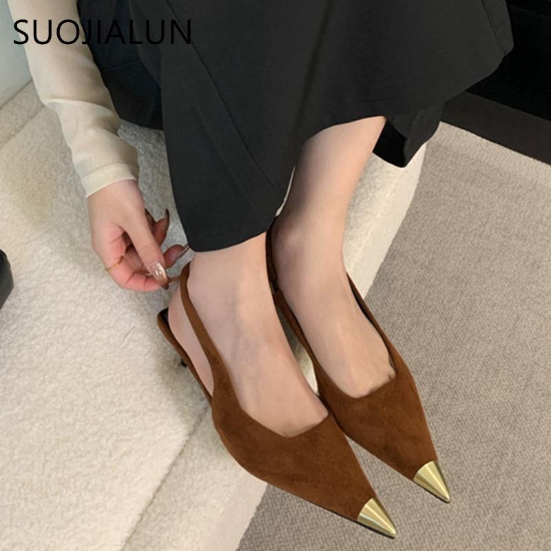 Fashion SUOJIALUN 2025 Spring New Brand Women Sandal Fashion Pointed Toe Shallow Slip On Ladies Slingback Shoes Thin High Heel Dress Pum