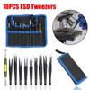 ESD Tweezers 10Pcs/Set Industrial Repair Tools Precision Anti-Static Electronics Soldering Craft Curved Straight Tweezers Stainless Steel