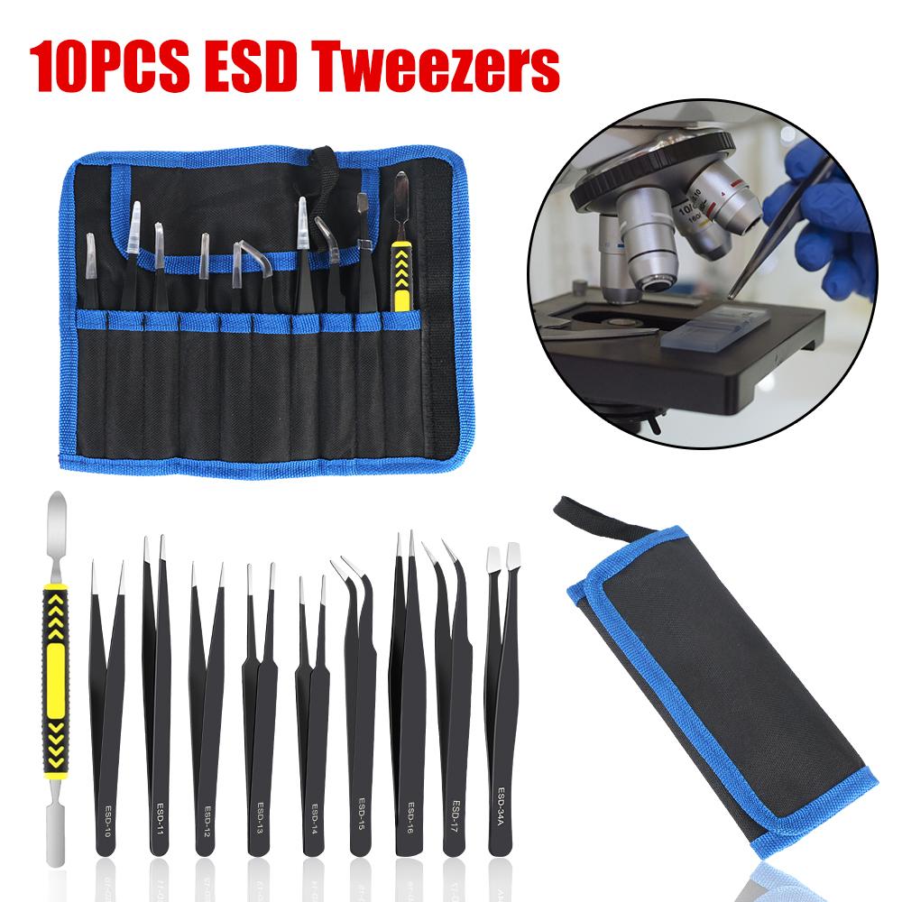 ESD Tweezers 10Pcs/Set Industrial Repair Tools Precision Anti-Static Electronics Soldering Craft Curved Straight Tweezers Stainless Steel