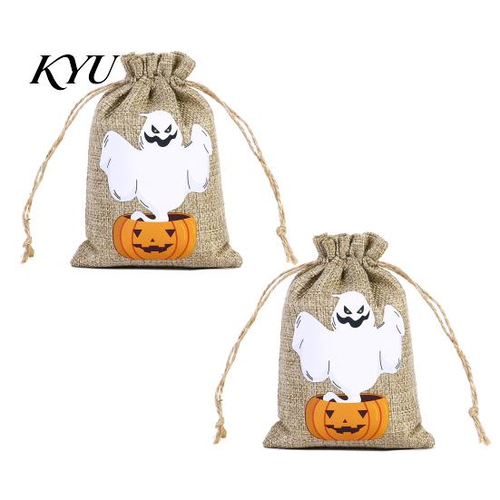 Halloween Event Favors 2PCS Drawstring Treat Bags, Cartoon Pumpkin Faux Linen Trick or Cute Candy Carriers Sacks, Kids Storage Pouches for Party
