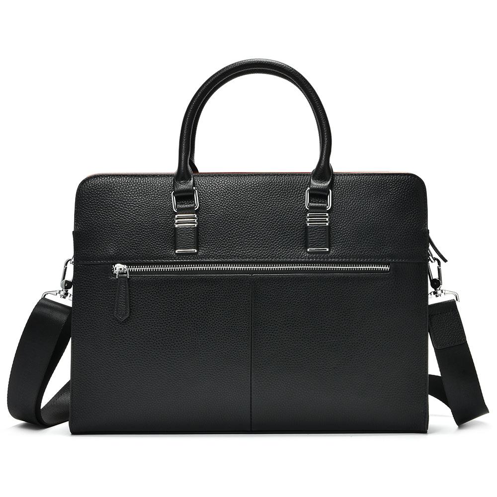 Men's Genuine Leather Briefcase with Litchi Grain, Cowhide Handheld Laptop Business Bag for Daily Commute