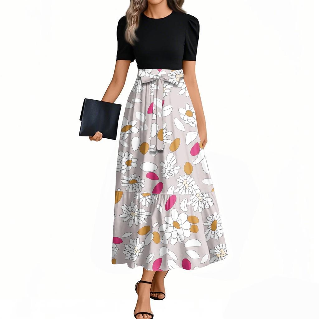 Women's Fashion Casual Belt Short Sleeve Round Neck Floral Stitching Elegant Temperament Dress