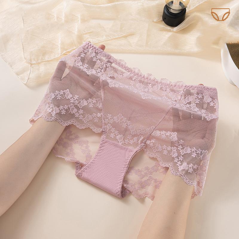 New Middle Waist Women Transparent Sexy Mesh Lace Thin Flower Underwear High Elasticity Seamless Breathable Panties Briefs