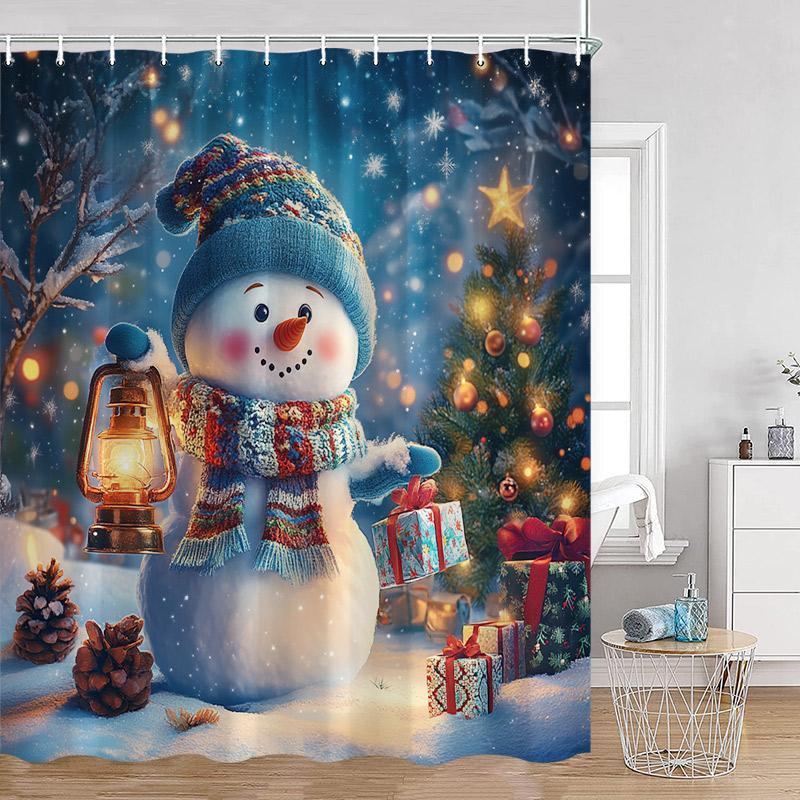 Cute Snowman Christmas Shower Curtain Winter Forest Xmas Trees Snow Lights New Year Home Bathroom Decor Bath Curtains With Hooks