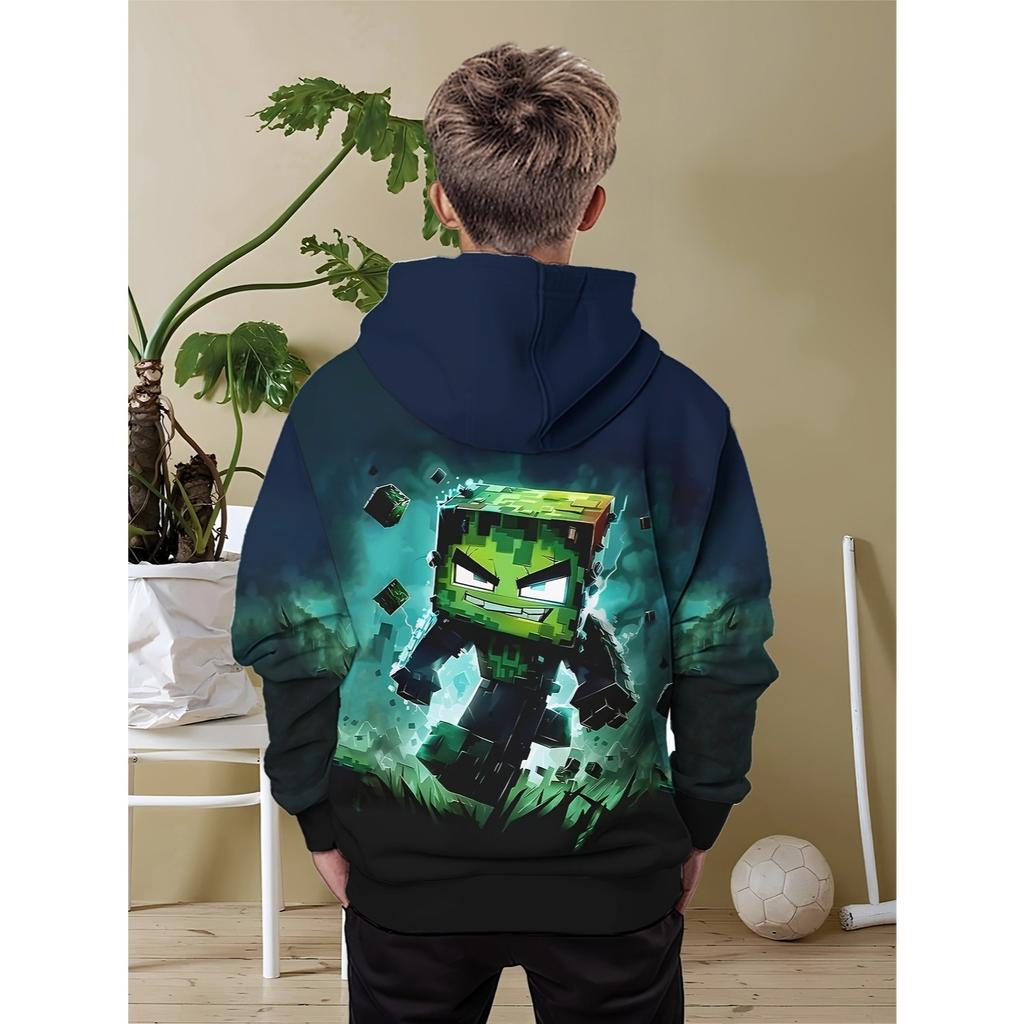 Boys' Minimalist Printed Hoodie, Fashionable All Season Casual Round Neck Long Sleeved Pullover Sweatshirt
