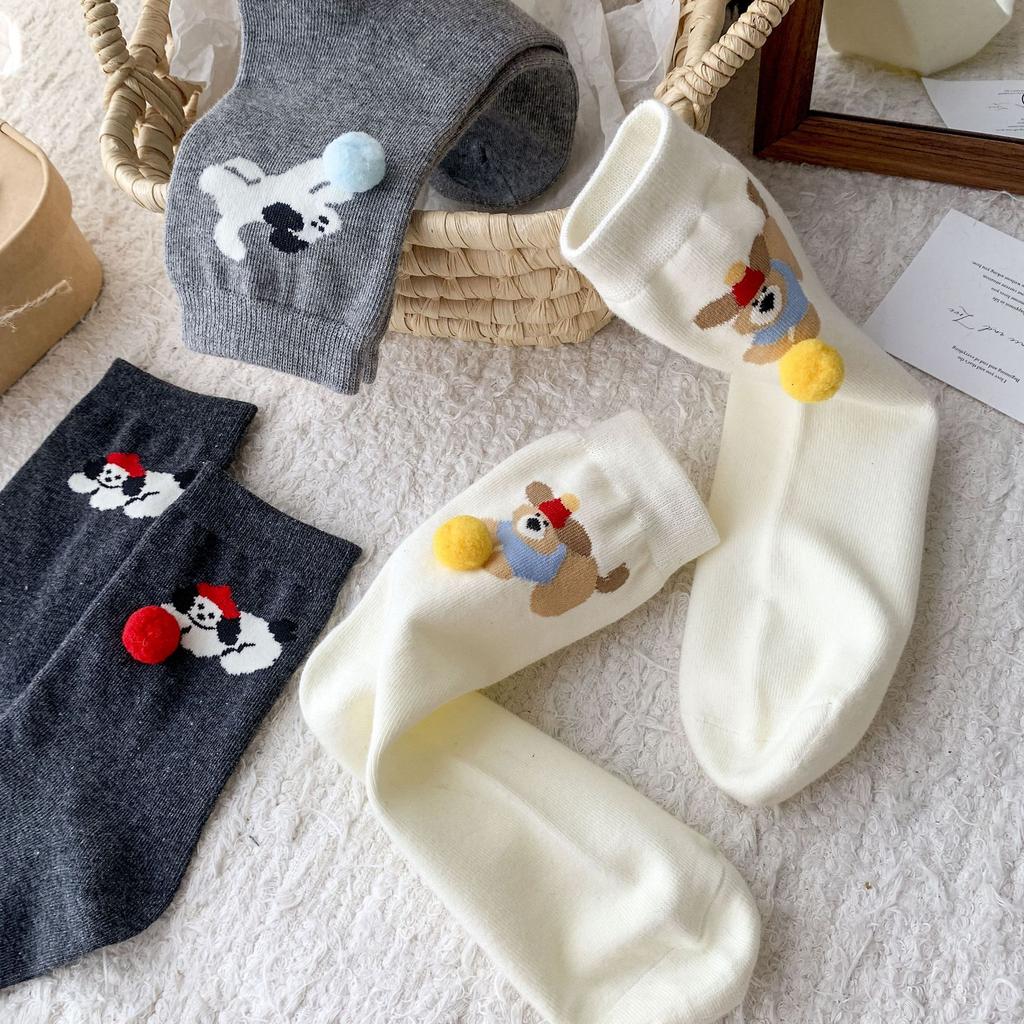 Socks, Medium Tube, Spring And Autumn Hairballs, Cartoon Dog Boneless Socks, Sweat-Absorbing, Breathable, Simple And Versatile, Cute Cotton Socks