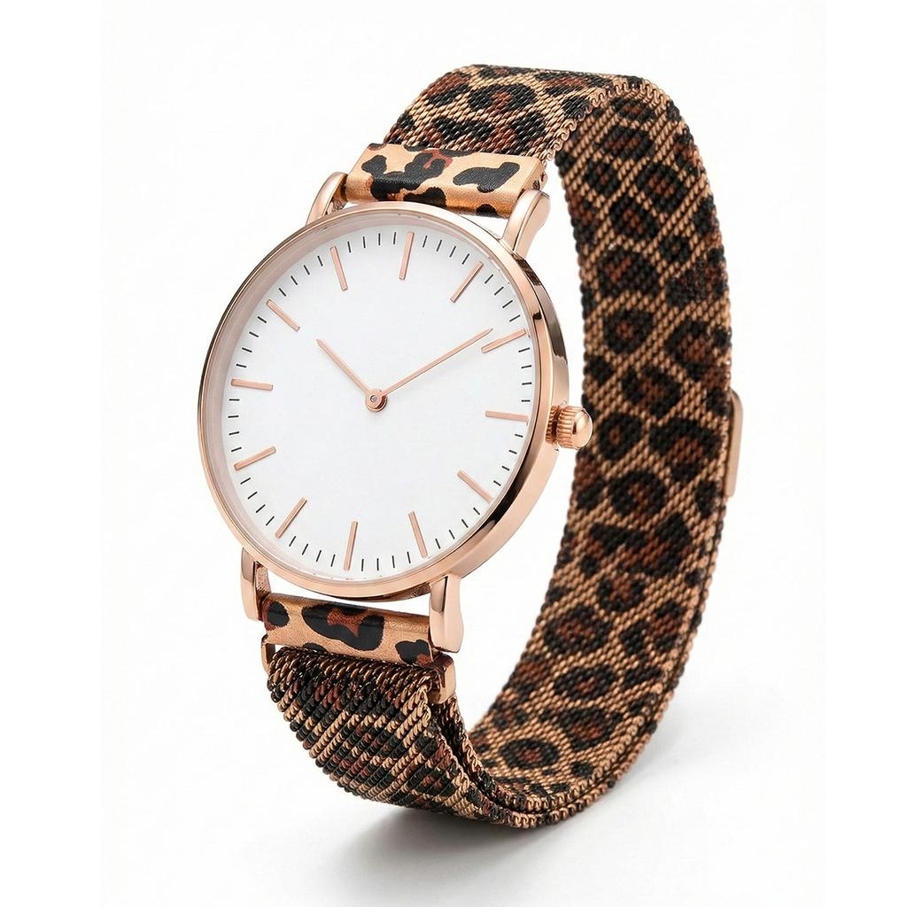 Montres Ultra-fines Mode pour Femmes Luxe Motif Léopard Bracelet en Maille Montres-bracelets à Quartz pour Dames Montre Féminine Minimaliste Reloj