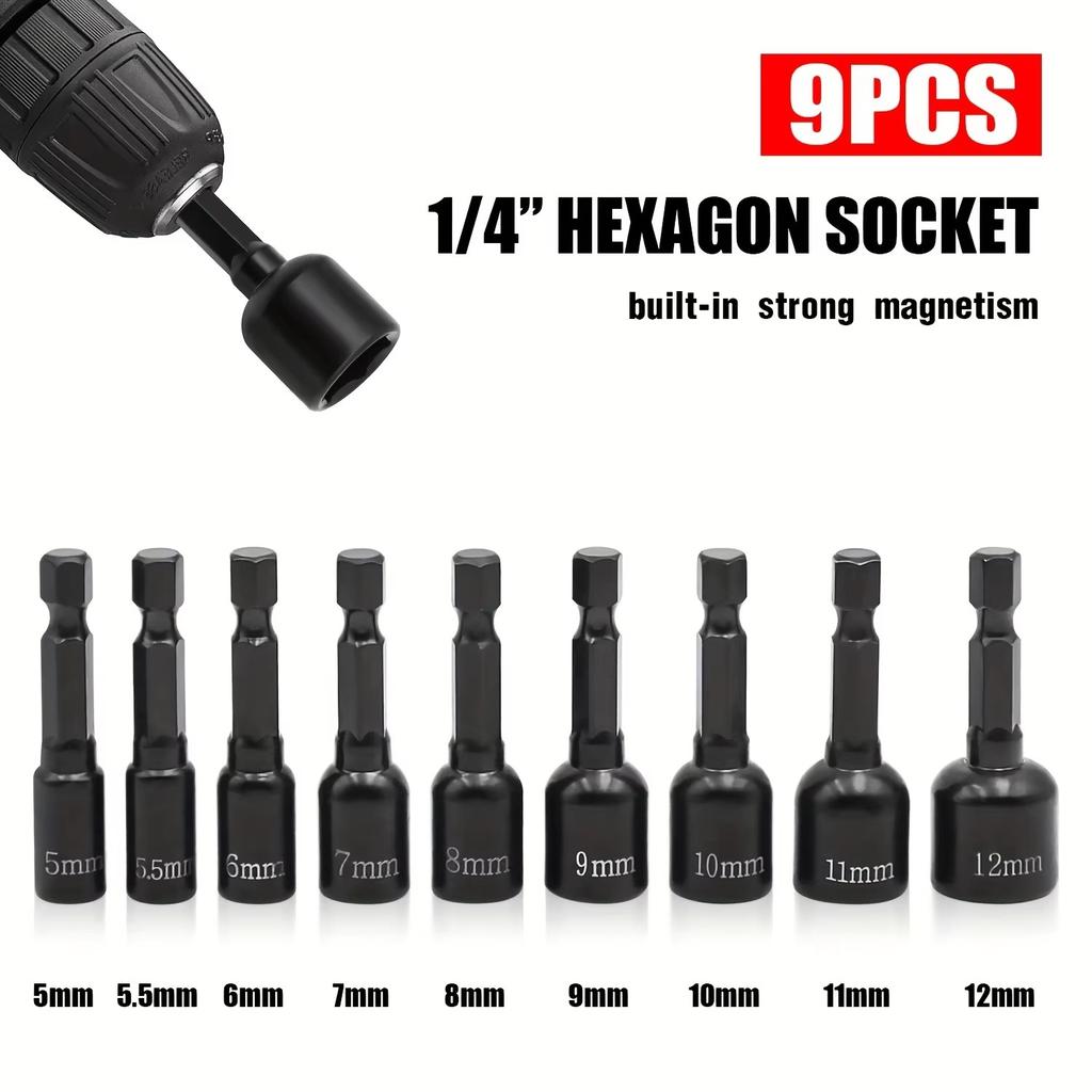 9pcs Electronic Hex Key Socket Set with 1/4 Inch Hex Shank Power Nut Driver Set Metric Hex Socket Drill Bits Chuck Adapter