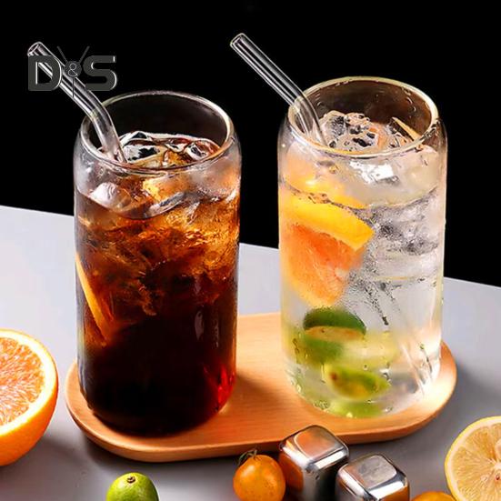 Glass Tumbler with Bamboo Lid Brushes Straw 470ml Can Shaped Glass Cups for Iced Coffee Soda Tea Beer & Ice Coffee Glasses Reusable Glassware