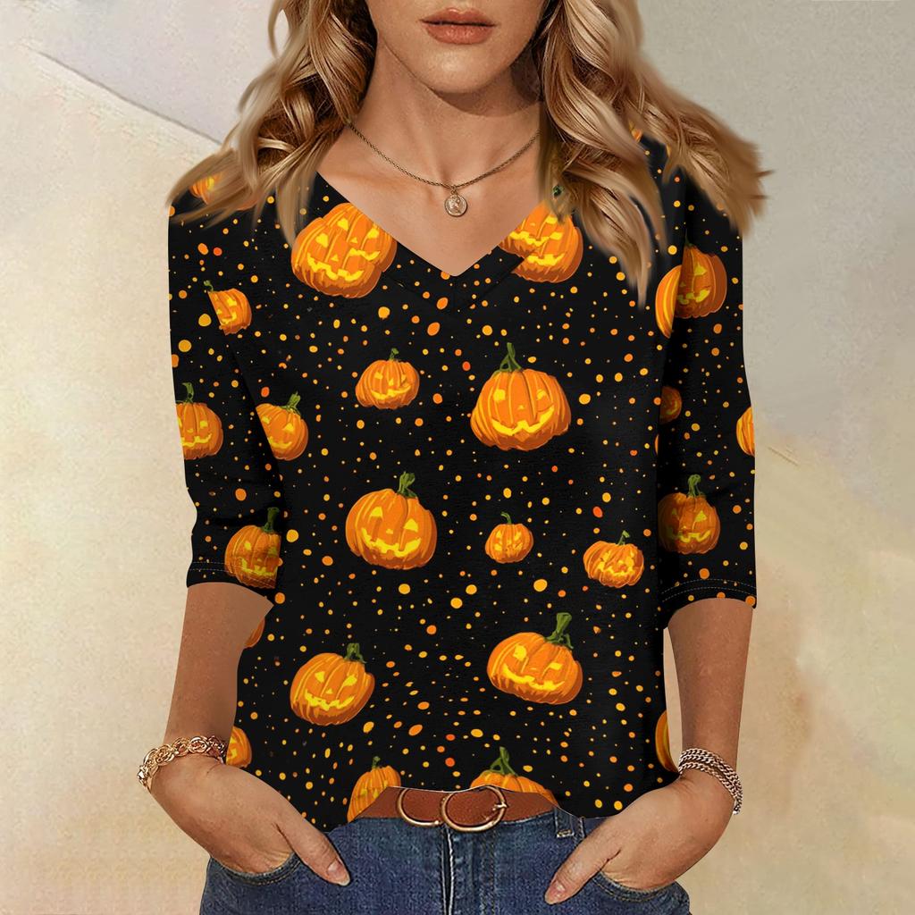 Women's Three-Quarter Sleeve V-Neck Top with Halloween Print for Casual