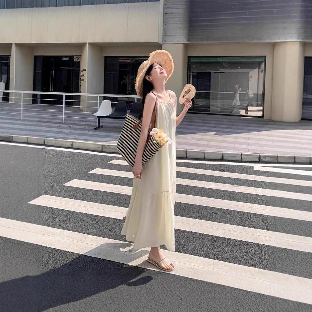 Damen 2024 Sommer Aprikosenfarbenes Französisches Schlankmachendes Midikleid mit Trägern