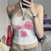 Asymmetrical Halter Crop Top y2k Floral Print Sleeveless White Tank Tops Women Basic Tees Vintage Sexy Camisole Harajuku