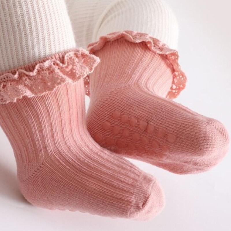 

Baby Sweet Lace Girls Socks Anti Slip Adhesive Point Solid Color Cotton Infant Girls Socks Breathable Kids Girls Floor Socks S 0-1T