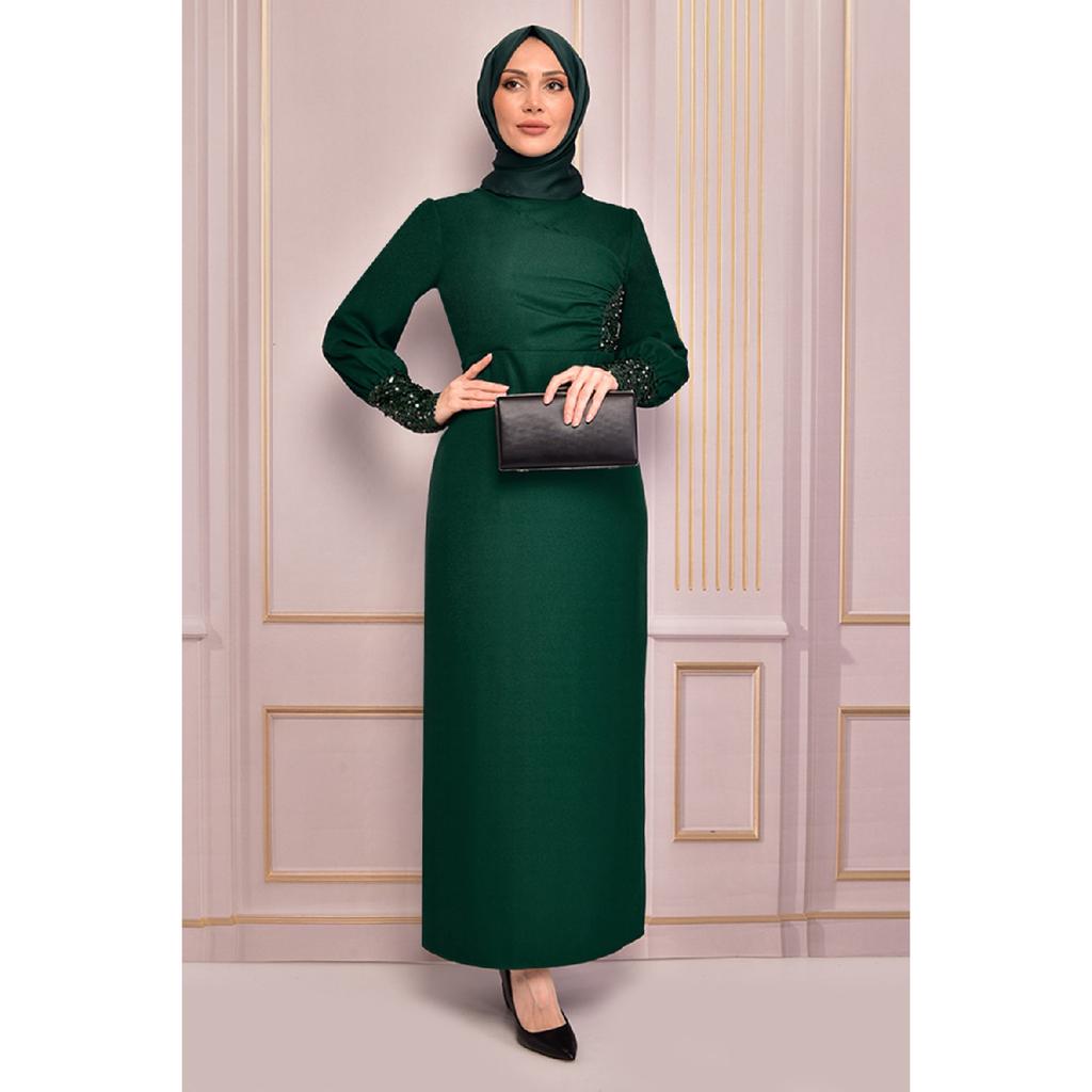 Pearl Detail Evening Dress Emerald Asm2553